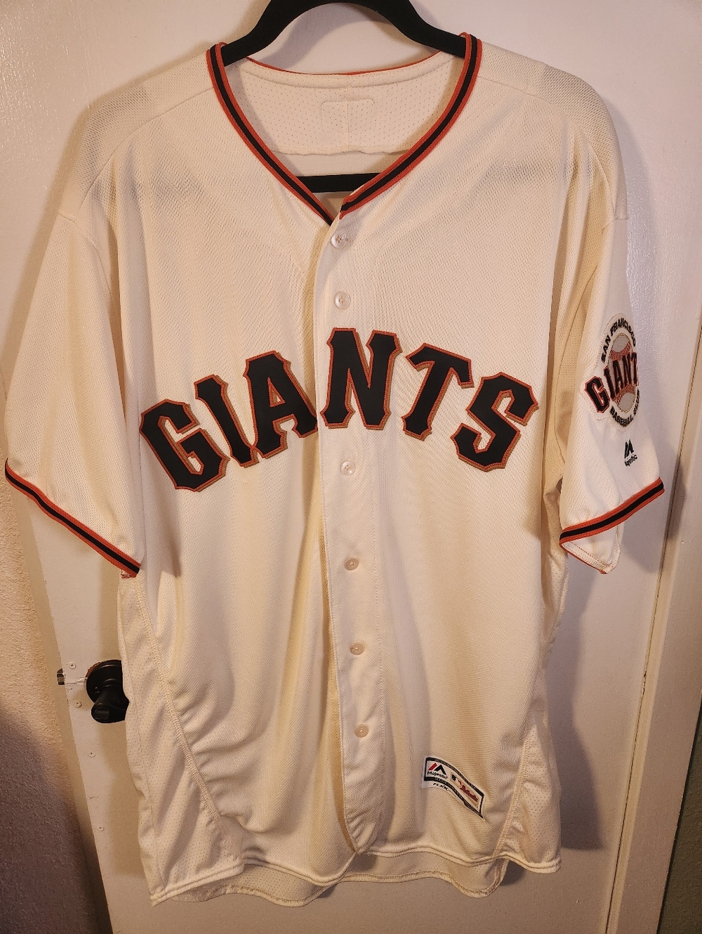 Majestic Cream and Black Giants Button-Up Jersey with Orange Trim Size 48-Large